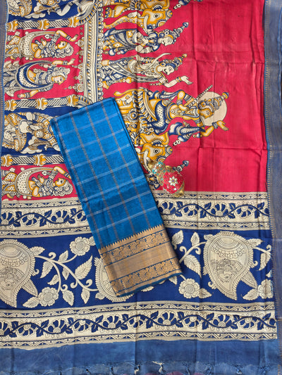 Handloom checked mangalagiri pattu top with chennuri kalamkari duppatta -AK616
