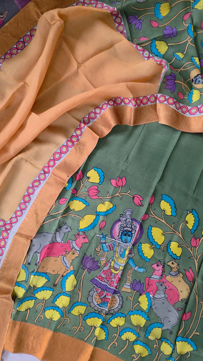 Handcrafted Kalahasthi Penkalamkari bangalore silk set - KH123