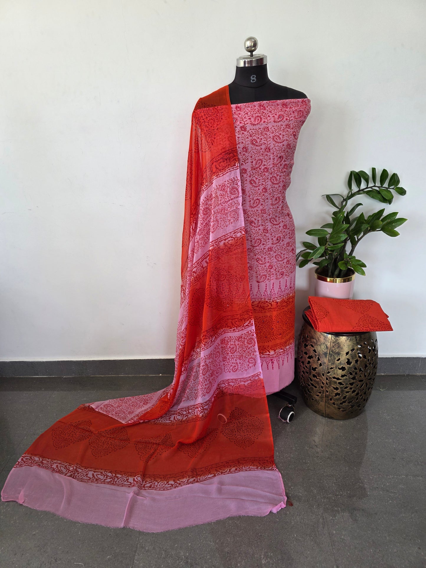 Handblock georgette salwar set with handwork mirror work- GE165