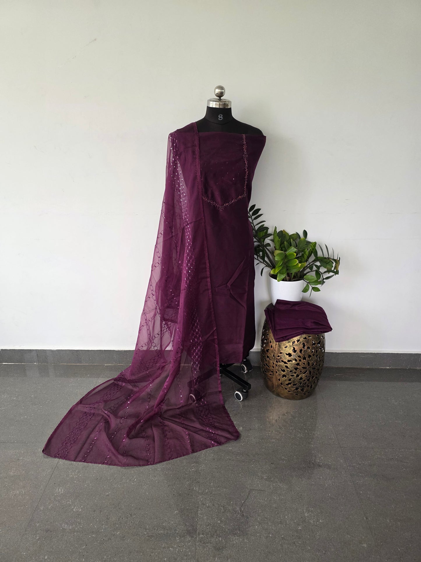 Fancy embroidery soft silk set with embroidery organza silk shawl - 210