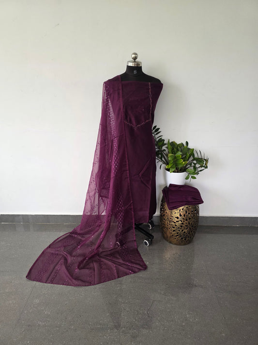 Fancy embroidery soft silk set with embroidery organza silk shawl - 210