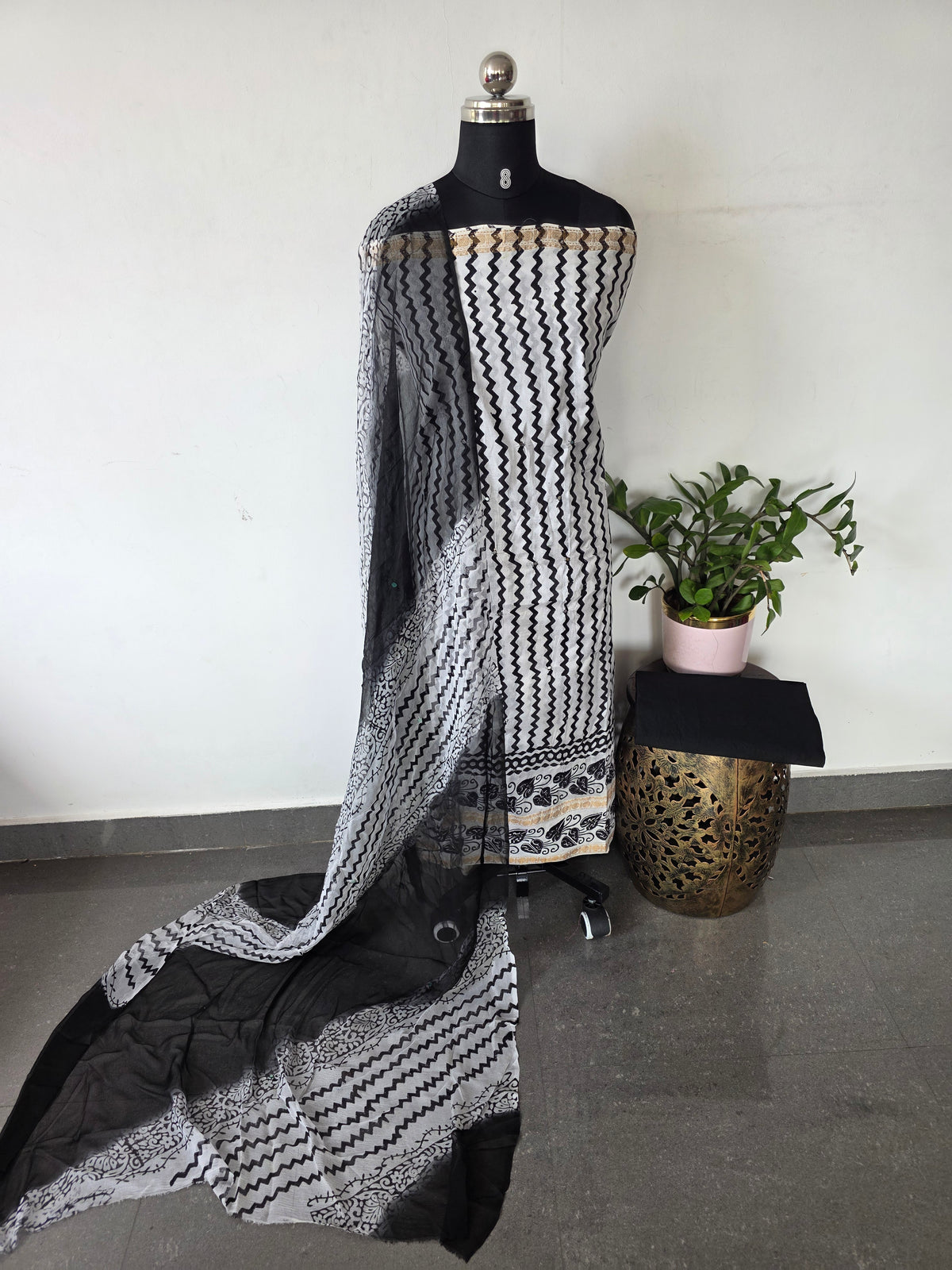 Handblock soft silk set with mirror work & georgette duppatta  - GE261