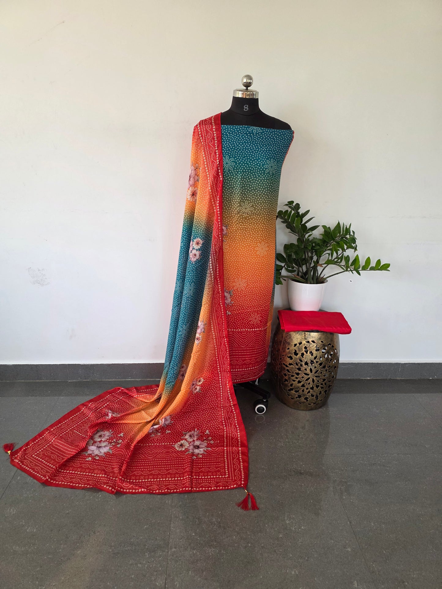 Fancy muslin bandhini digital silk set - red