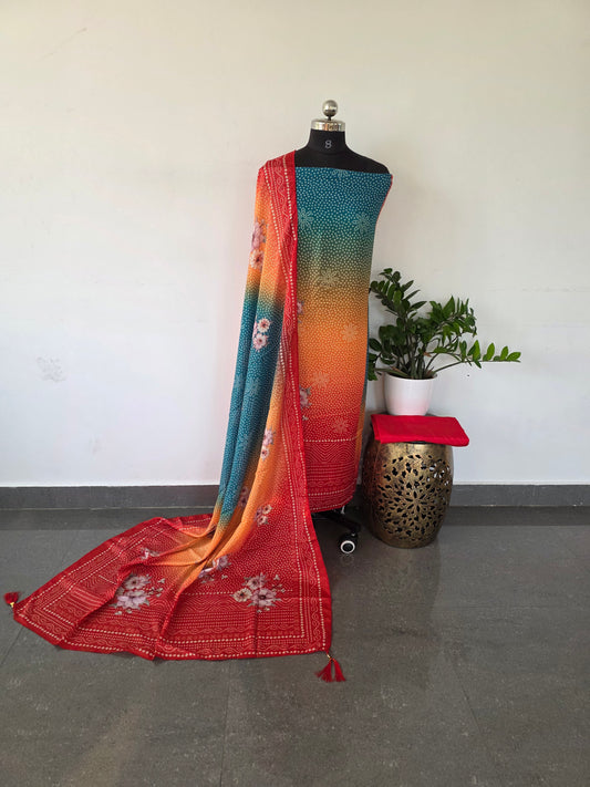 Fancy muslin bandhini digital silk set - red