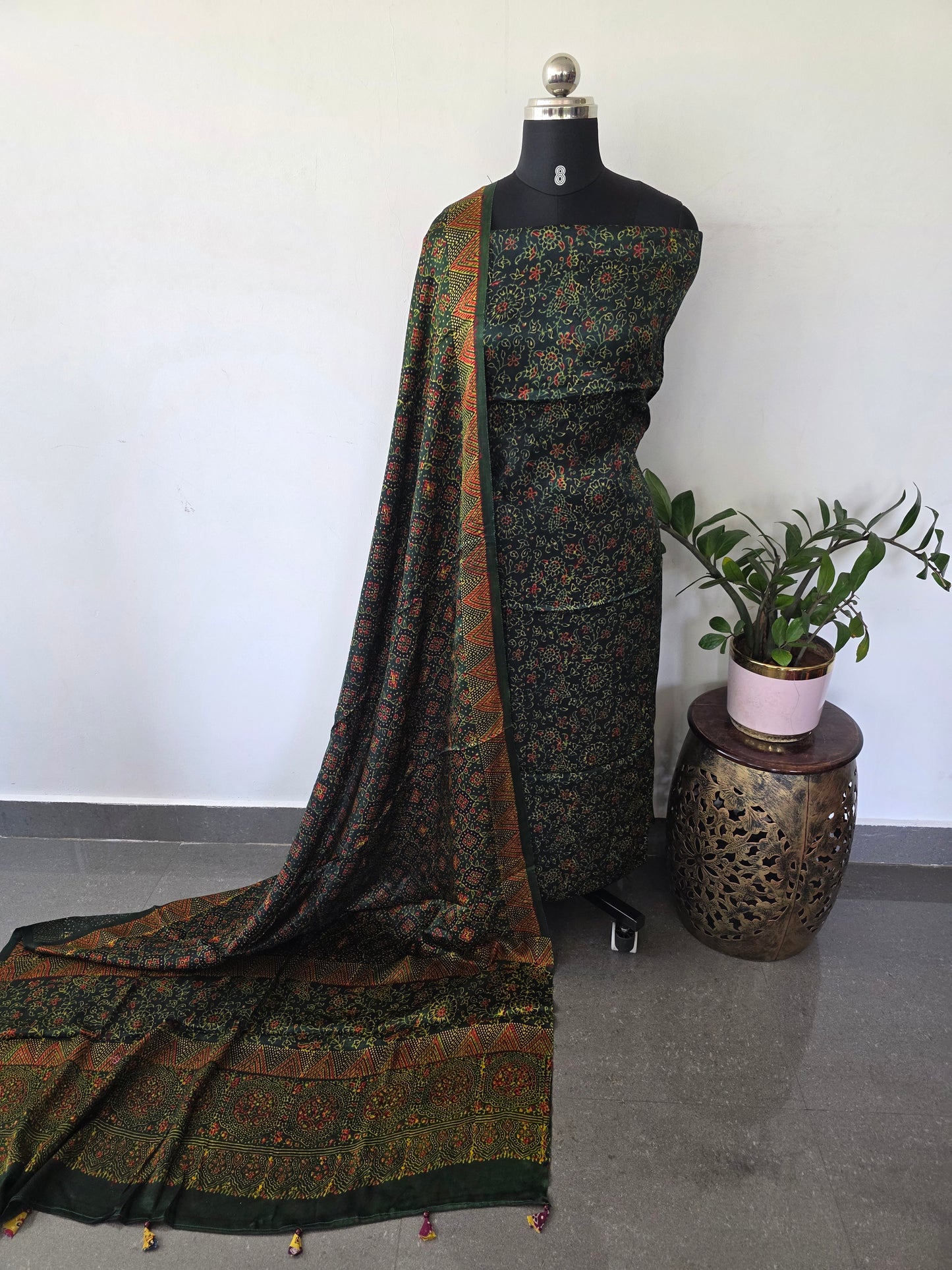 Handcrafted ajrakh modal silk set(Green) - HZ276
