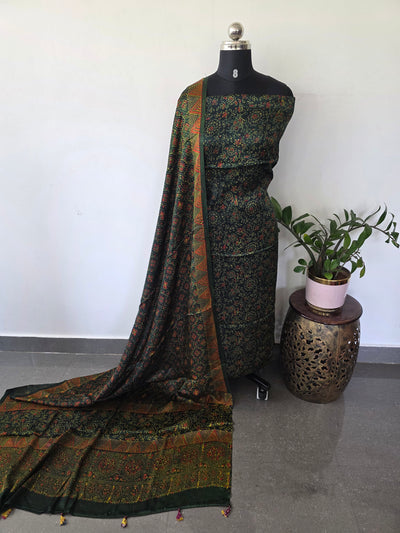 Handcrafted ajrakh modal silk set(Green) - HZ276