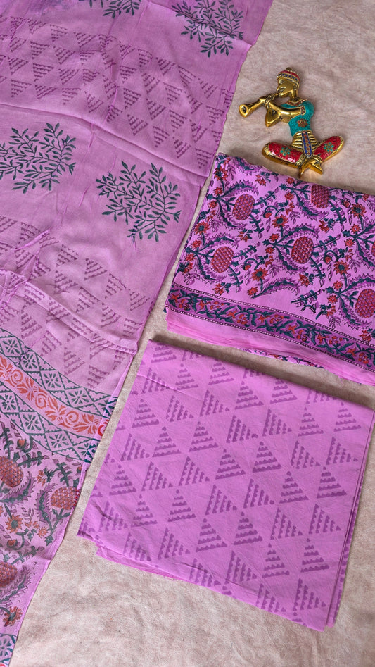 Handblock Jaipuri soft modal silk set with chiffon shawl- JA772