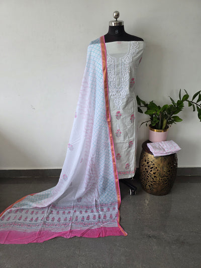 Chikankari handembroidery block printed soft cotton set - AS107