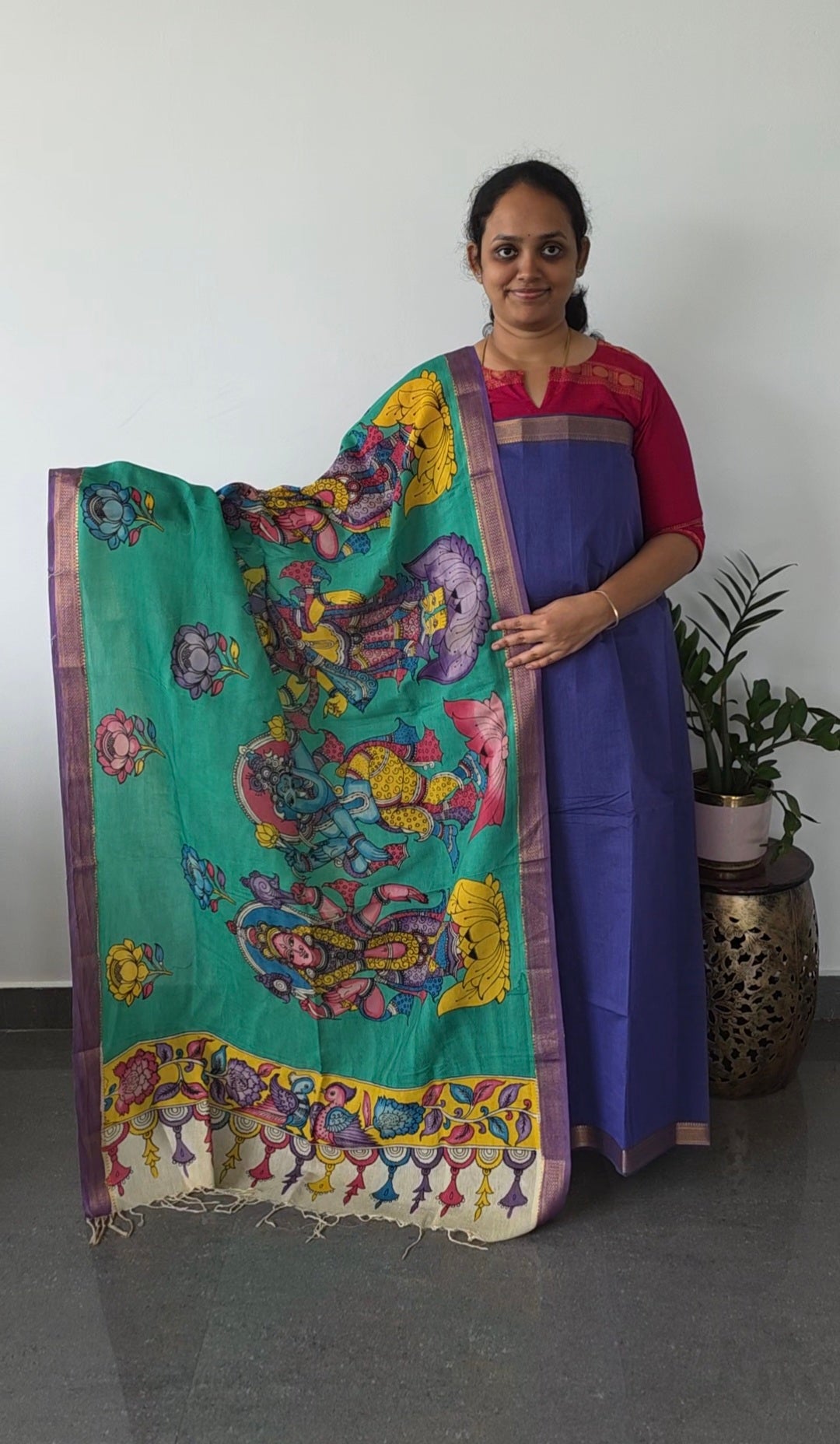 Premium mangalagiri handloom cotton with pure pen kalamkari duppatta  -111