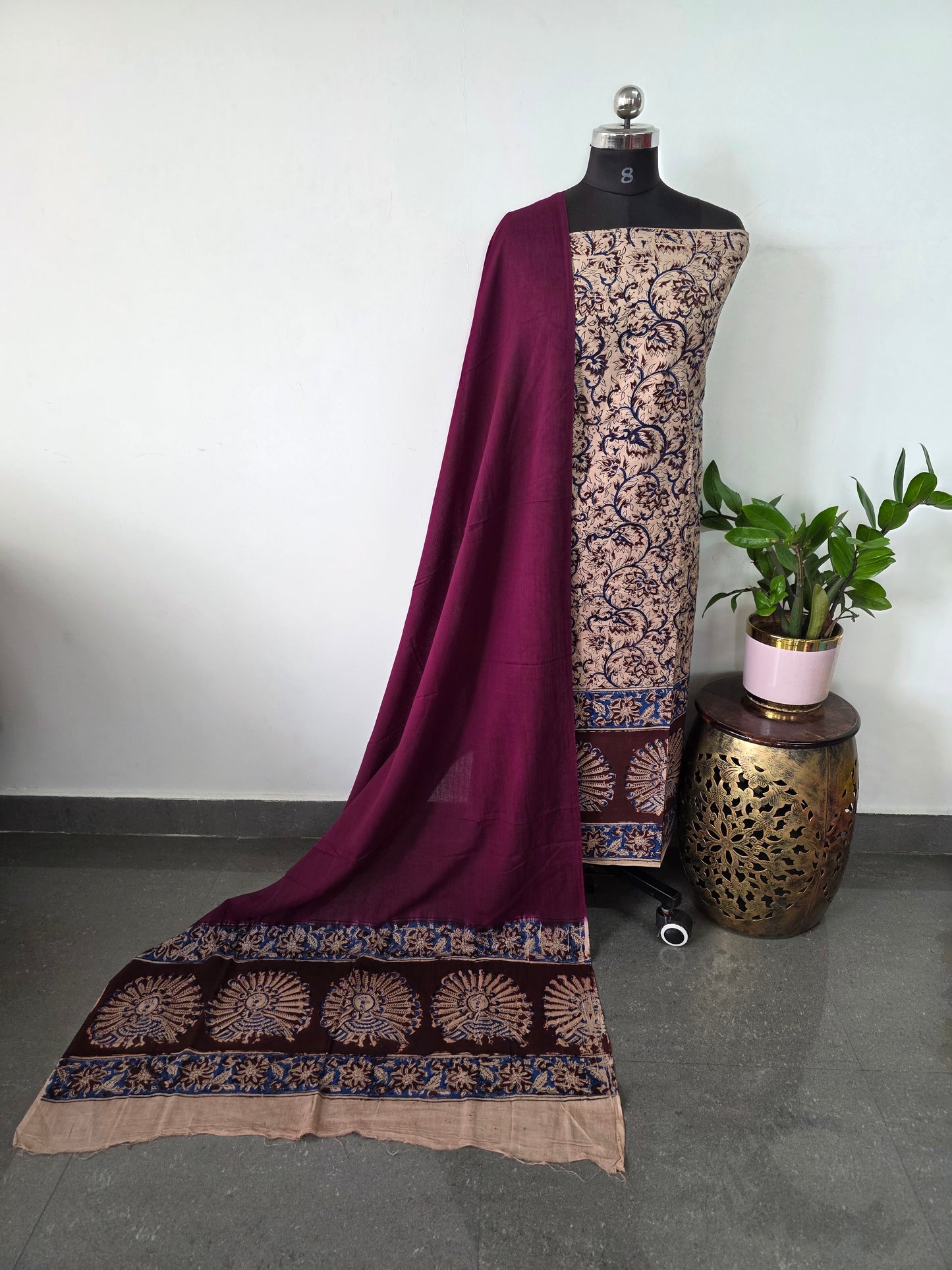 Handblock pure kalamkari cotton with border ( 2 pc set )- AK301