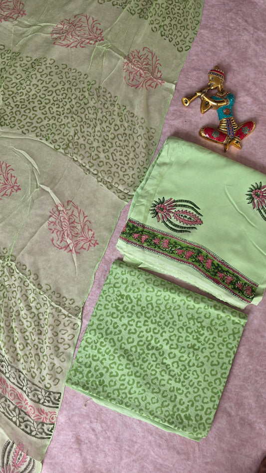 Handblock Jaipuri soft modal silk set with chiffon shawl- JA773