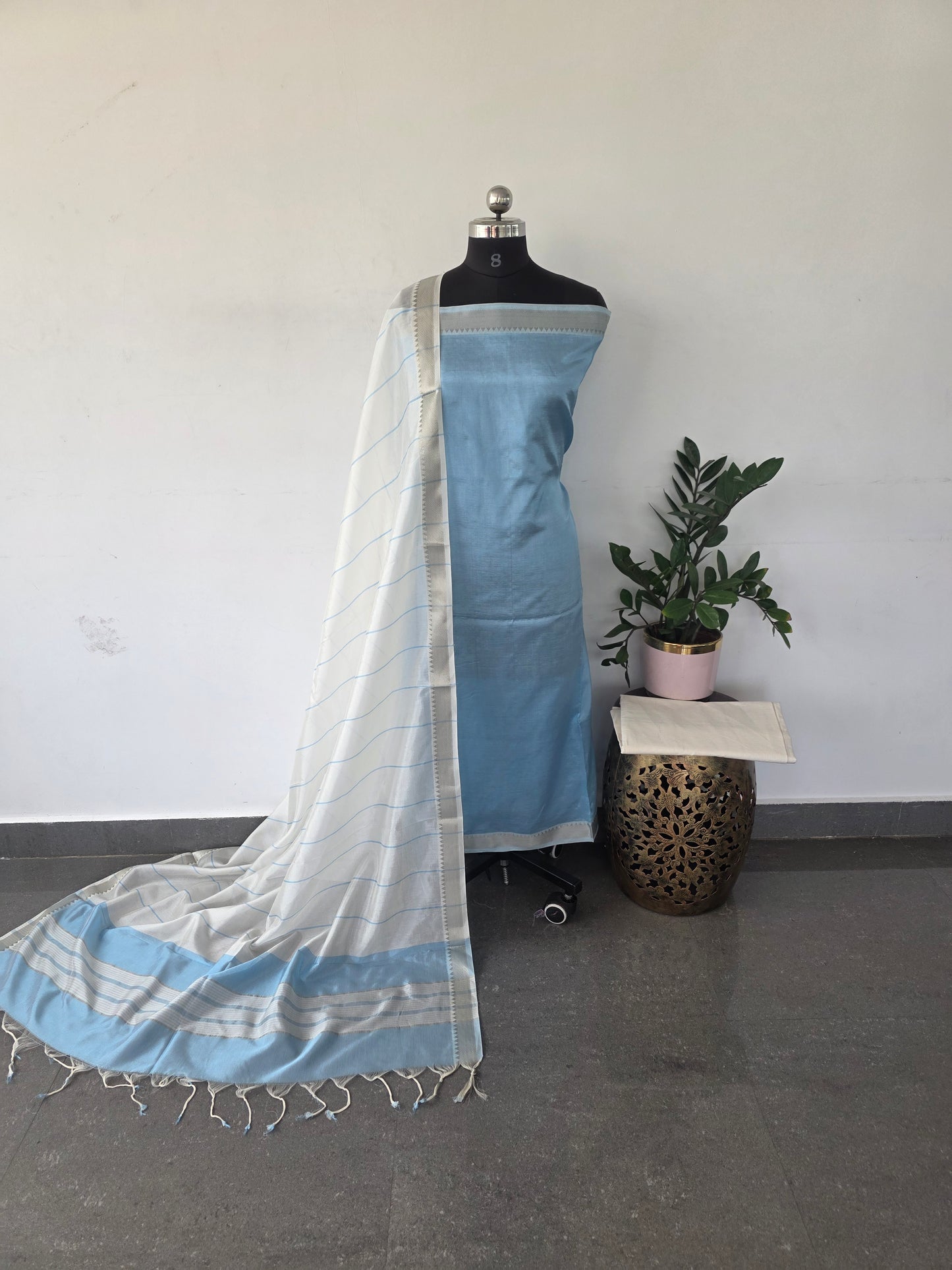 Premium semi mangalagiri silk cotton set  - light blue