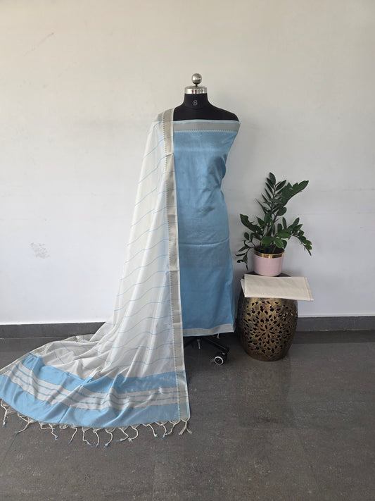Premium semi mangalagiri silk cotton set  - light blue