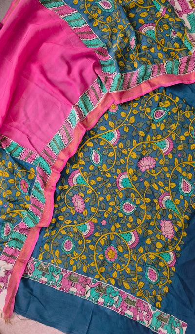 Handcrafted Kalahasthi Penkalamkari bangalore silk set - KH134