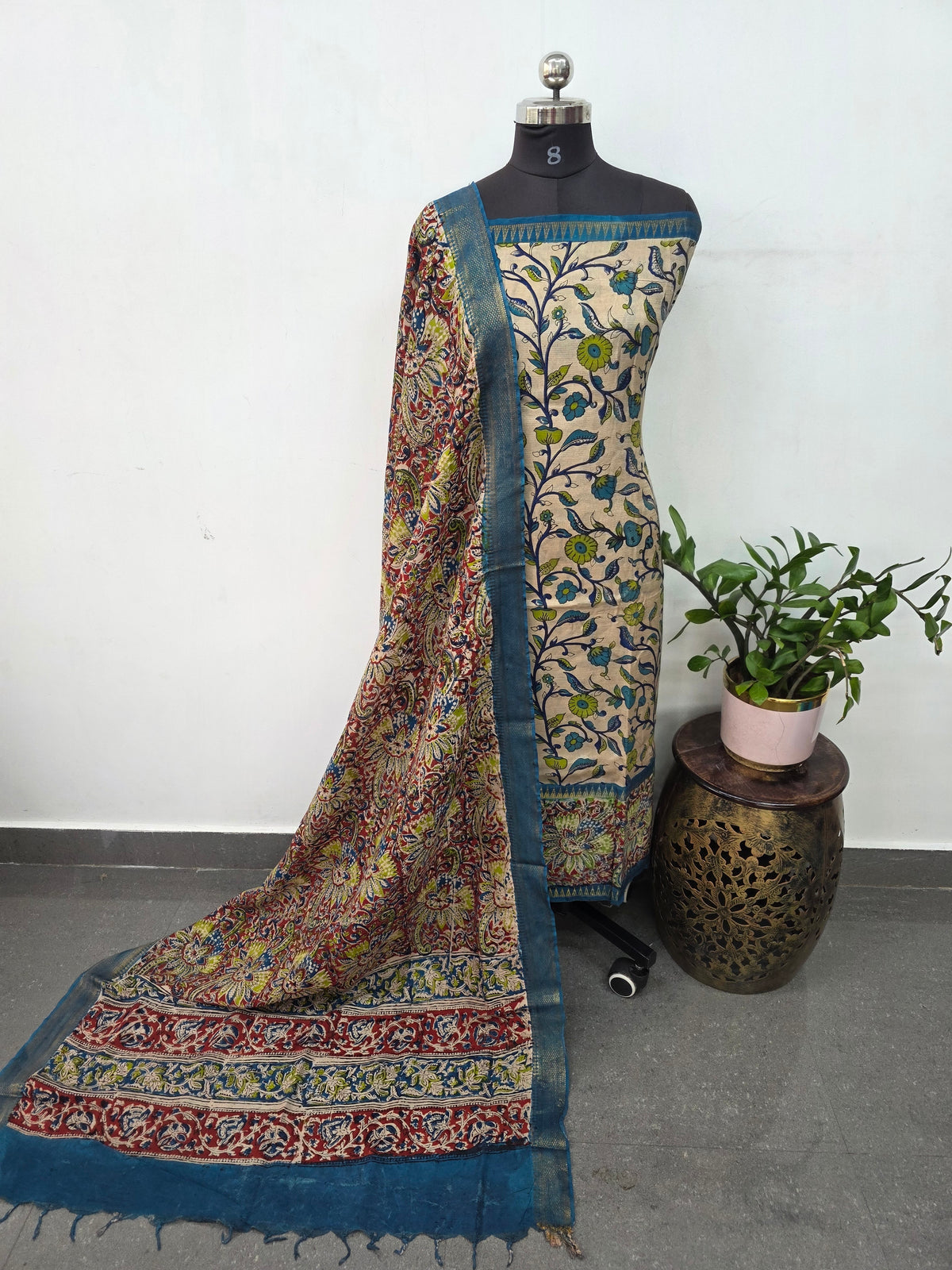 Mangalagiri kalamkari fusion gap border silk set-AK558