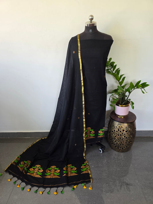 Handloom mul khadi cotton jamdhani set (black) - MUL160