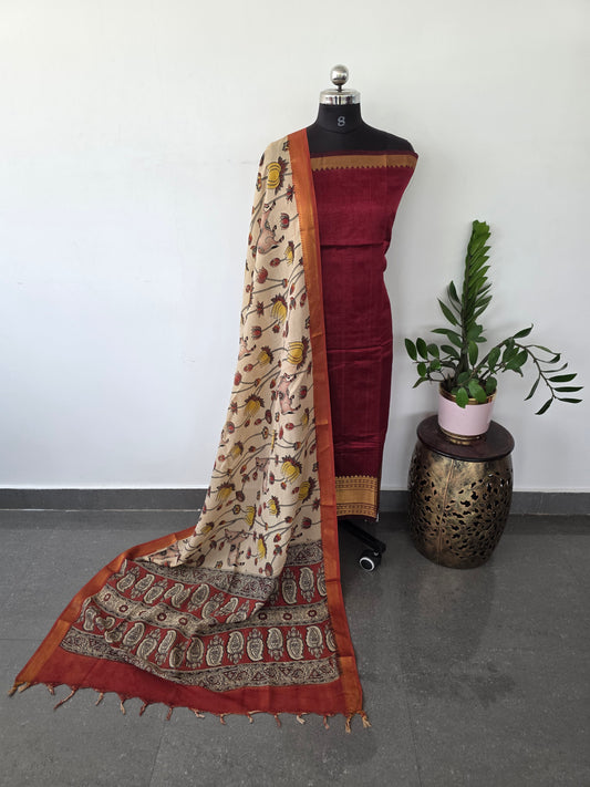 Handloom Mangalagiri silk kanchi border top with chennuri silk kalamkari shawl  - AK105