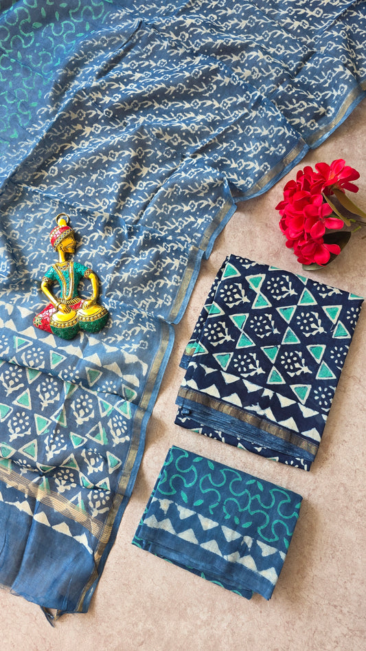 Handblock Jaipuri chanderi silk set - HG46