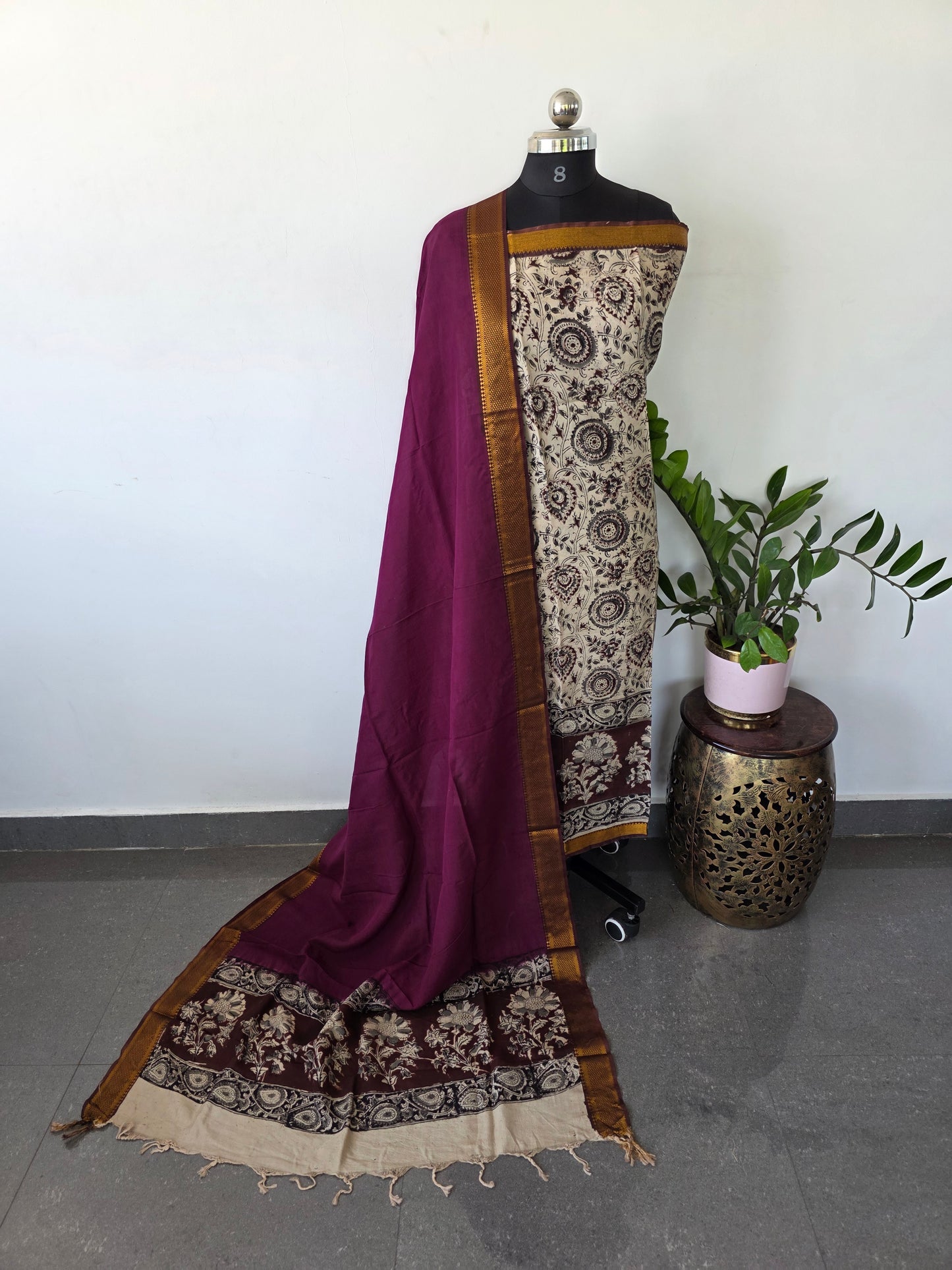 Chennuri Handblock kalamkari silk set - HBK5