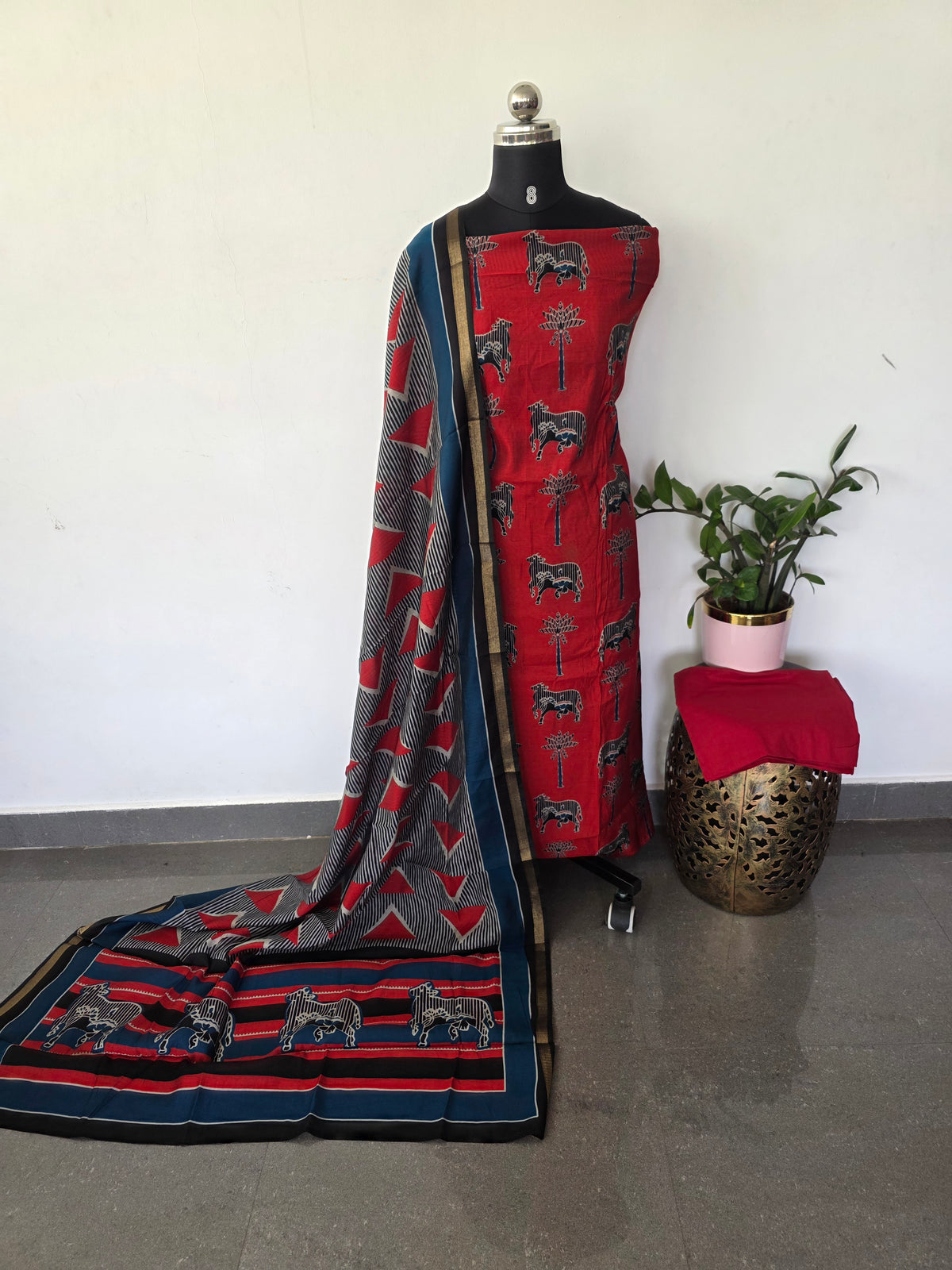 Ajrakh inspired semi maheshwari silk set-HZ381
