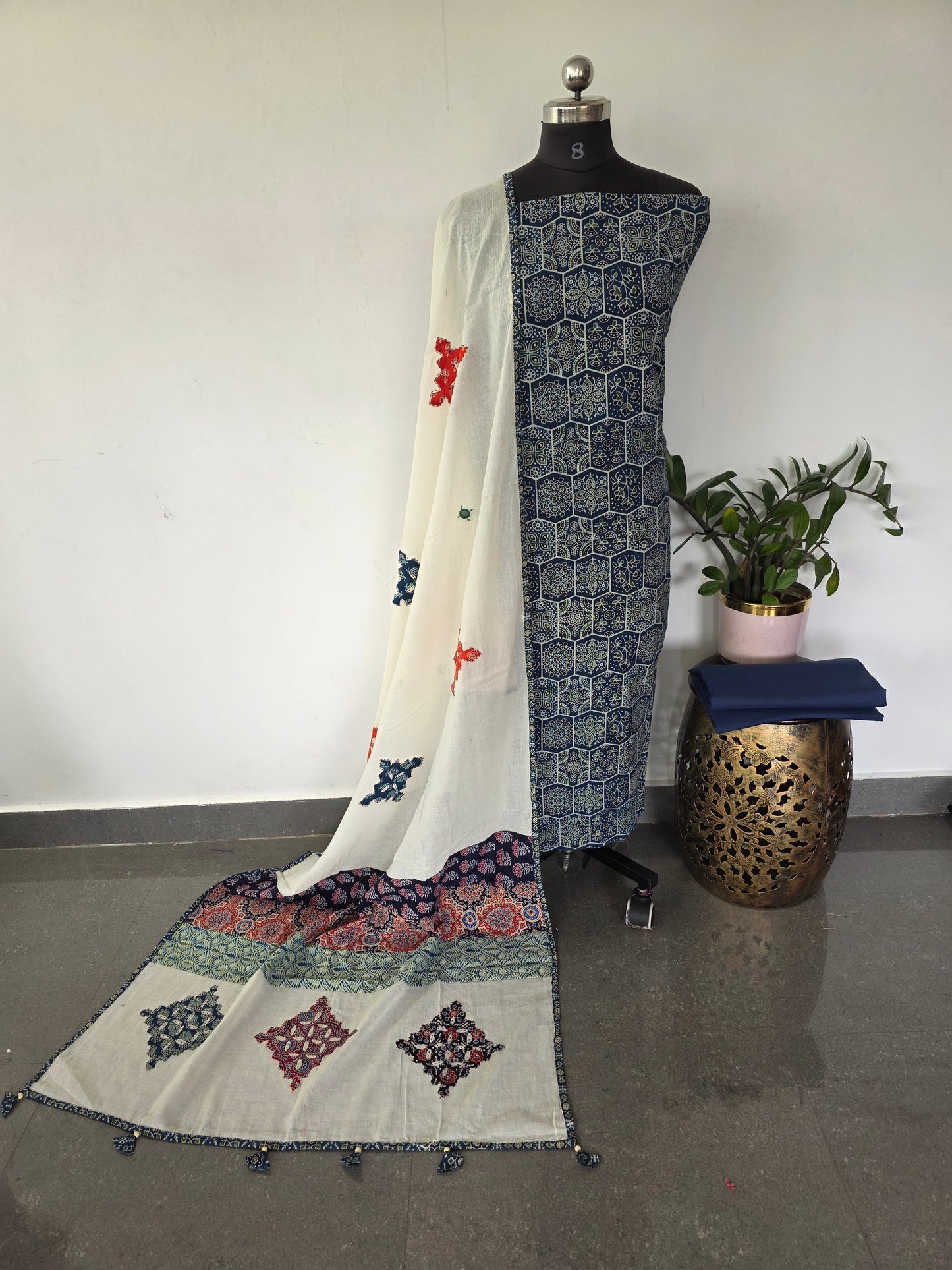 Handcrafted ajrakh cotton set with kantha applique mirror  cotton shawl - BAA114