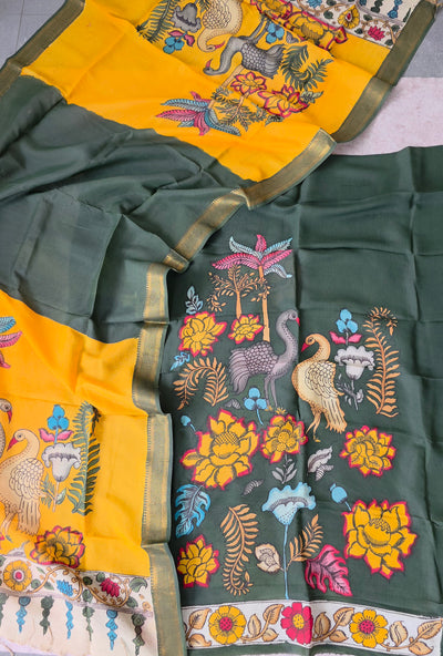 Handcrafted Kalahasthi Penkalamkari bangalore silk set - KH77