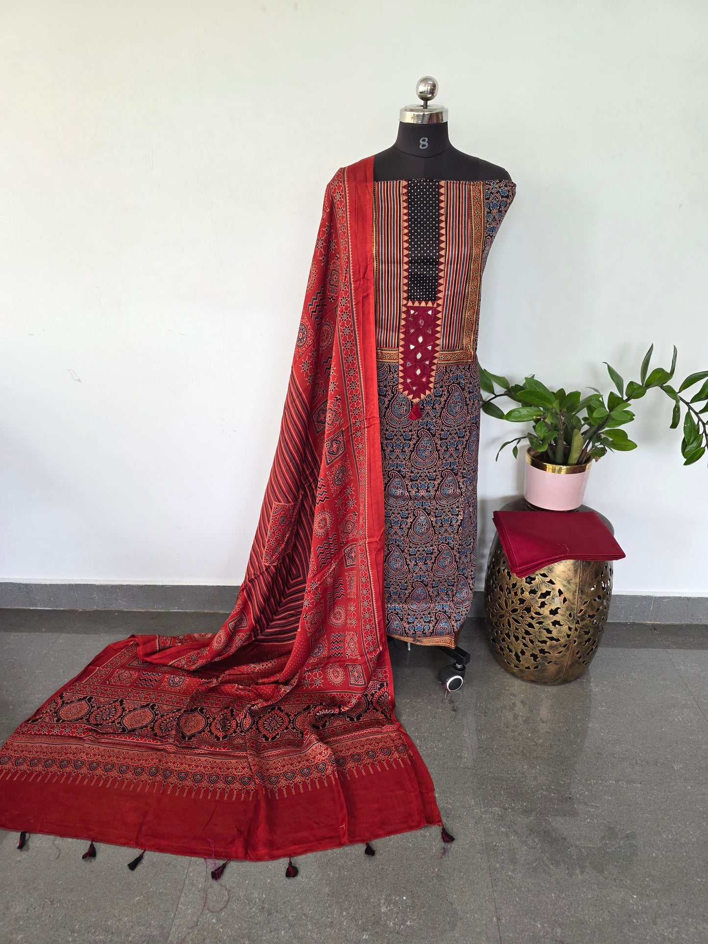 Handcrafted ajrakh kutch handwork mirror mashru silk set - HZ152