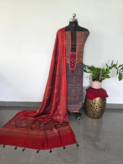 Handcrafted ajrakh kutch handwork mirror mashru silk set - HZ152