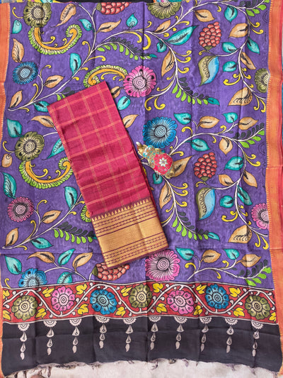 Handloom checked  mangalagiri pattu silk top with penkalamkari duppatta -AK586