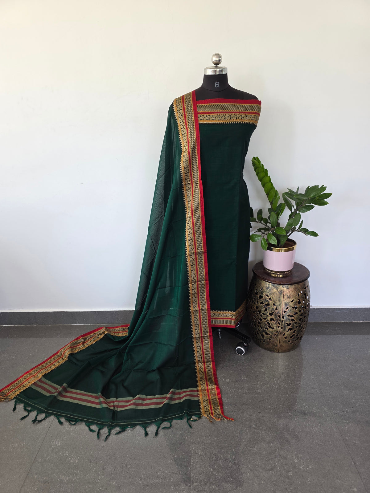 Mercerised narayanapet salwar set with annam border (green)(4.5 mtrs  )- NA10