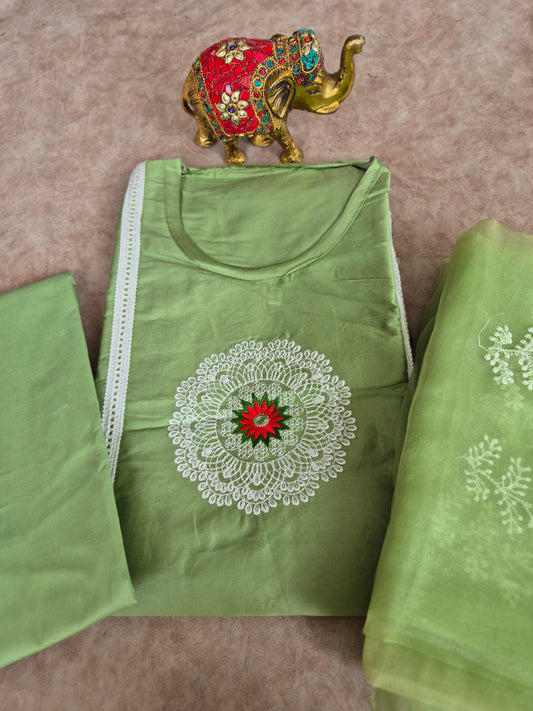 Embroidery satin cotton top with embroidery organza silk shawl