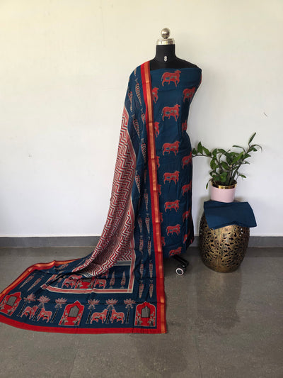 Ajrakh inspired semi maheshwari silk set(Blue)-HZ384