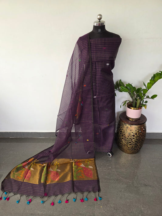 Handloom checked muslin paithani jamdhani set - BB358