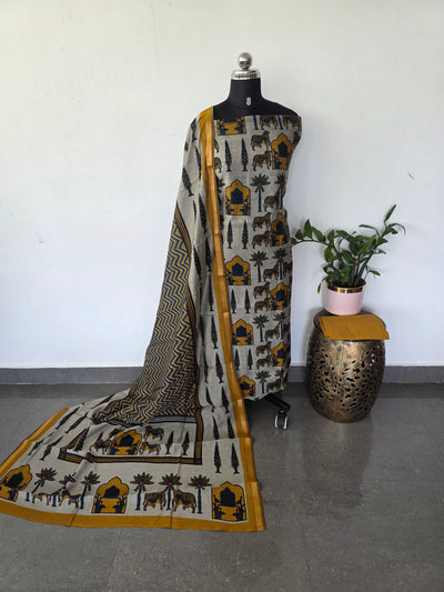 Ajrakh inspired semi maheshwari silk set-HZ377