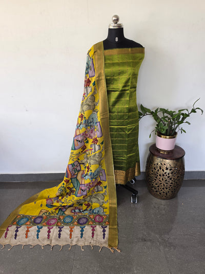 Handloom checked  mangalagiri pattu silk top with penkalamkari duppatta -AK587