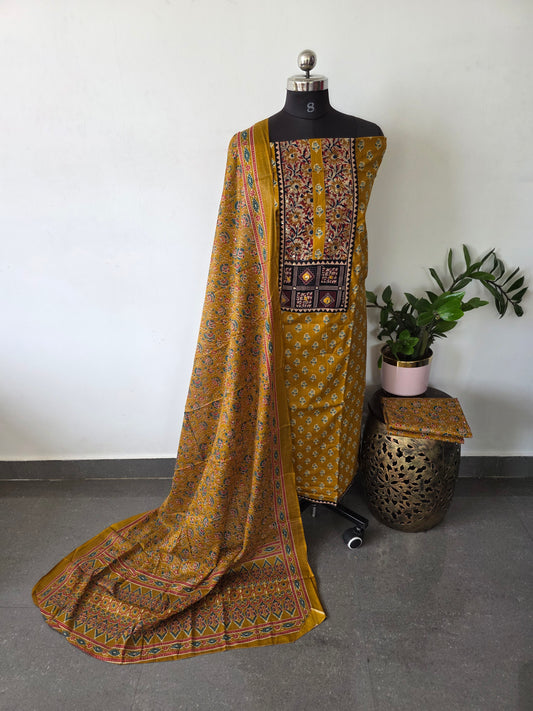 Premium Pure ajrakh cotton with gamthi neck work salwar - AS25