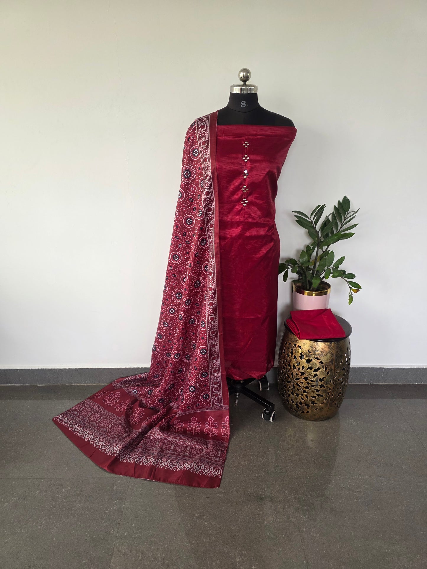 Fancy silk set with ajrakh silk shawl- FSA5