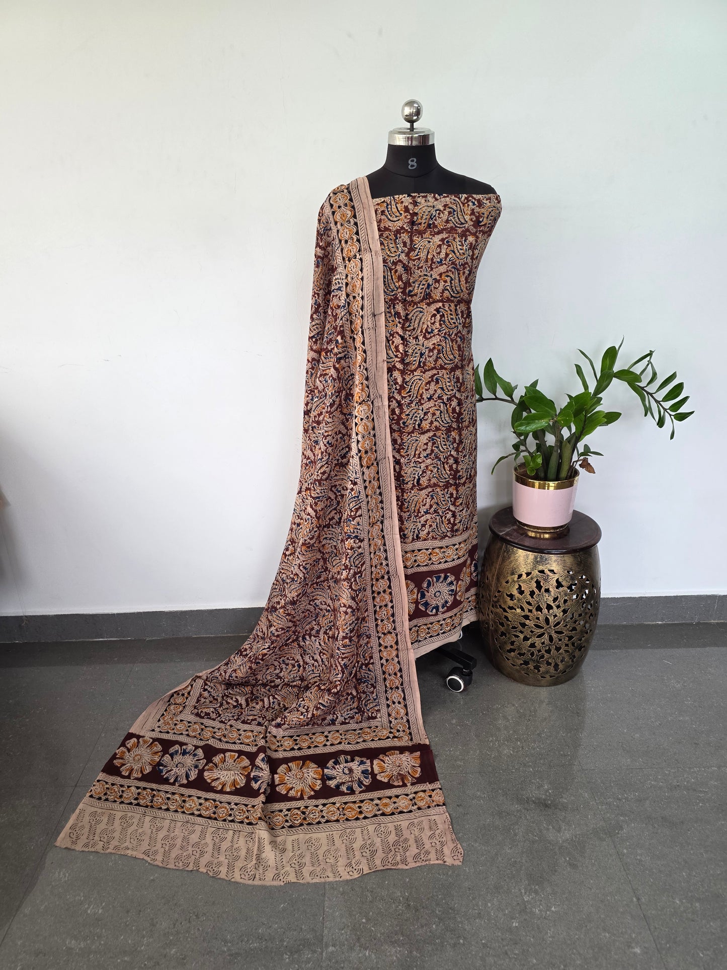 Handblock pure kalamkari cotton with border ( 2 pc set )- AK170