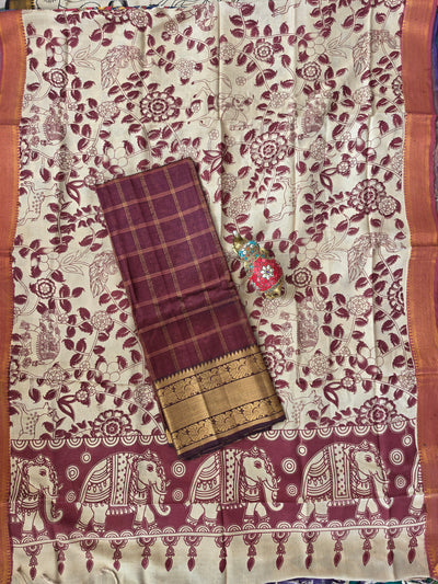 Handloom checked mangalagiri pattu top with chennuri kalamkari duppatta -AK604