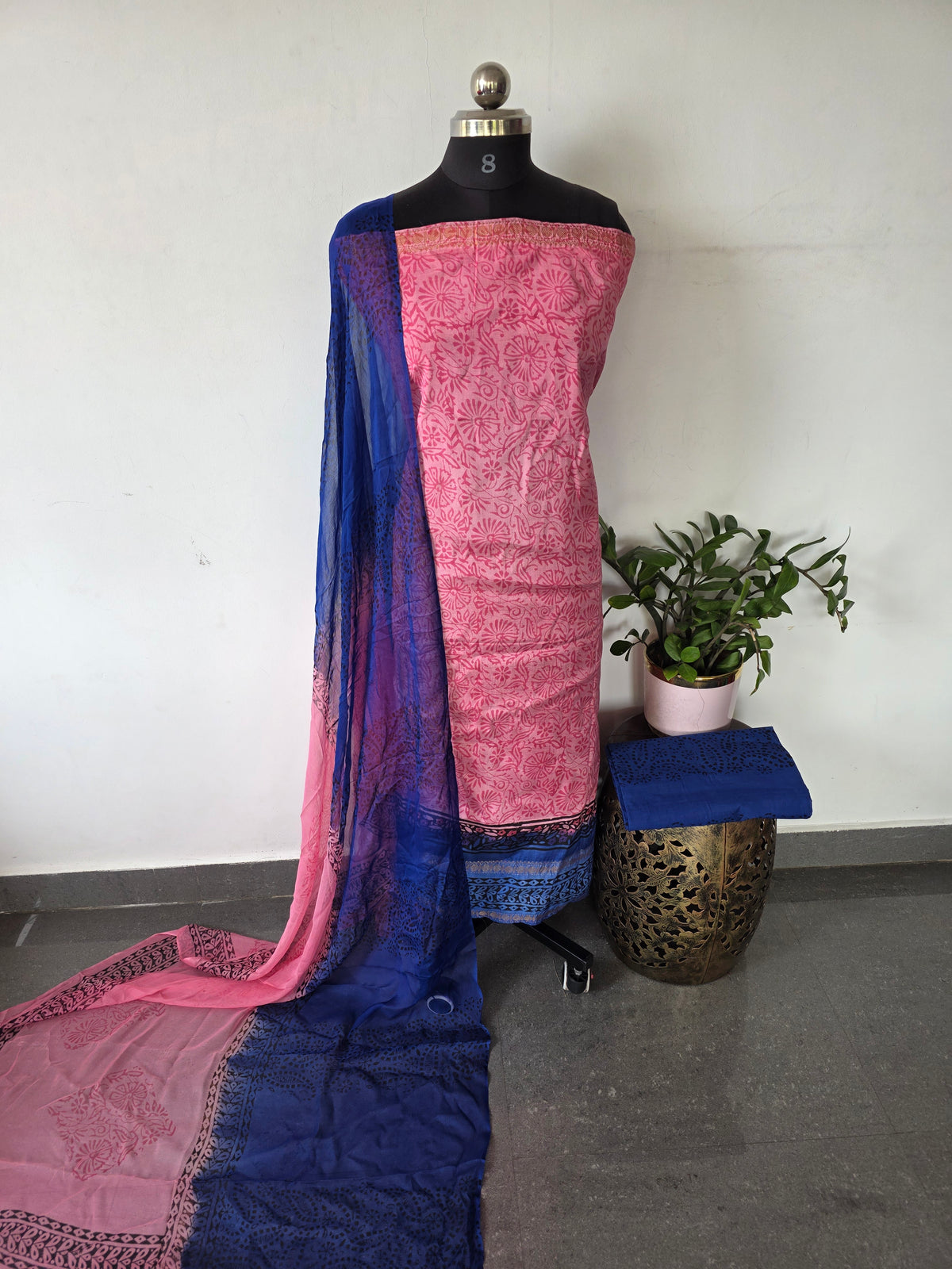 Handblock soft silk set with georgette shawl- GE256