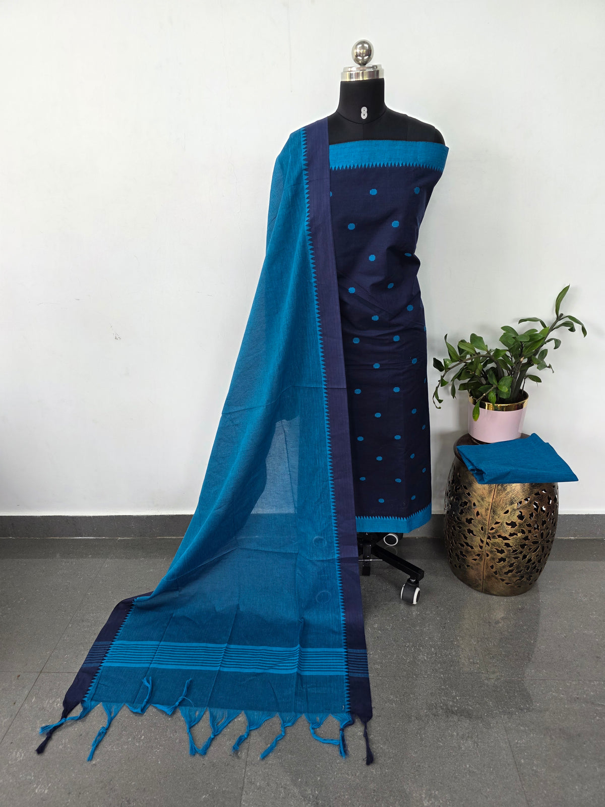 Temple border coin butta south cotton set (Blue)- HA132