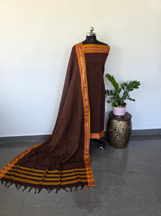 Mercerised checked narayanapet salwar set (brown) (4.5 mtrs) - NA44