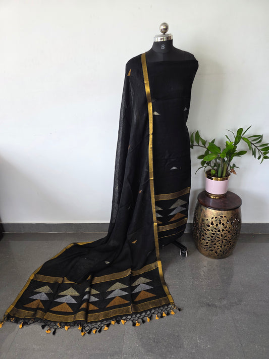 Premium handloom linen jamdhani set (black)- JMM244