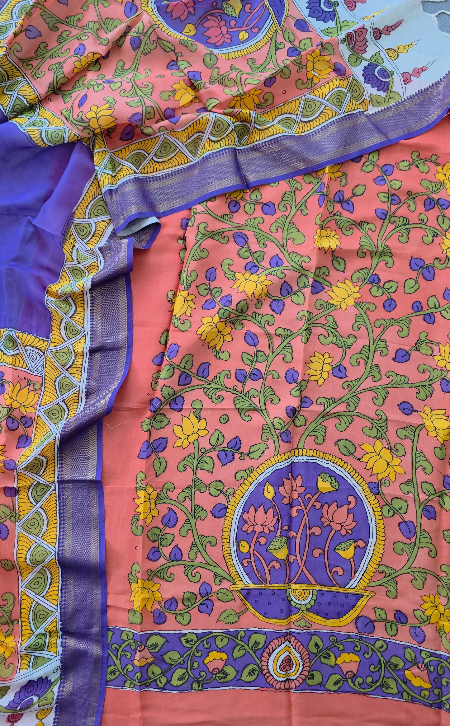 Handcrafted Kalahasthi Penkalamkari bangalore silk set - KH18