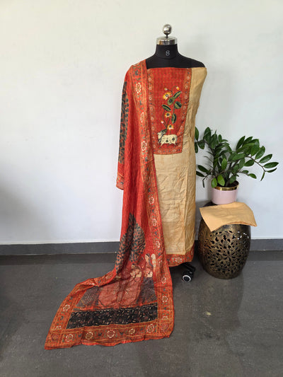 Penkalamkari inspired Muslin silk set-VM50