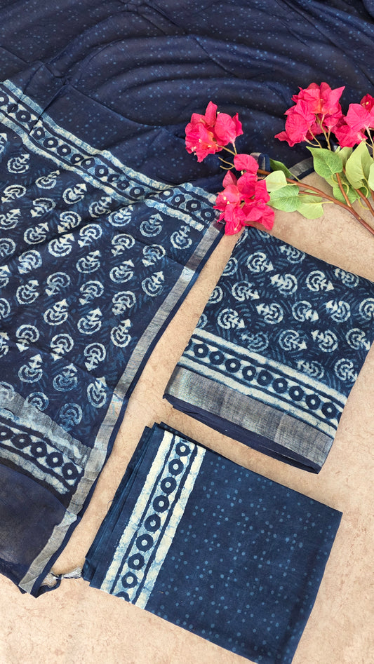Handblock indigo Jaipuri linen cotton set - JA238