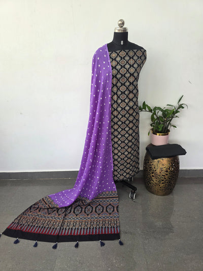 Handcrafted ajrakh cotton set with bandhini duppatta(Black)-HZ364