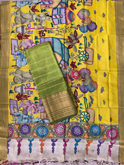 Handloom checked  mangalagiri pattu silk top with penkalamkari duppatta -AK587