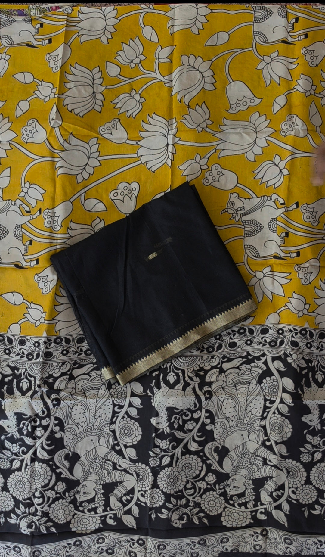 Fusion Narayanapet with handcrafted chennuri silk kalamkari duppatta(Black) -NA681