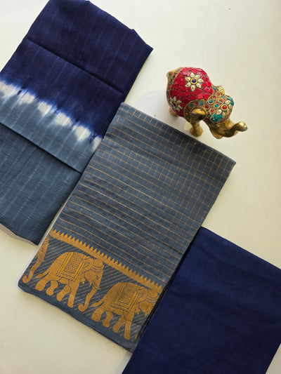 Madurai sungudi zari kattam salwar set - grey with blue MS23